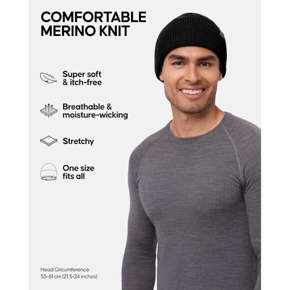 Men's Black Merino Wool Fitted Stretch Beanie Soft Stretchy Fisherman Beanie Cap - Picture 2 of 6